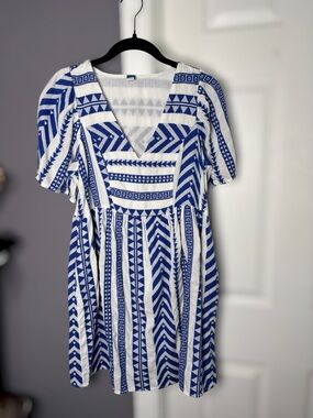 Old Navy Blue & White Geometric V Neck A Line Dress XS